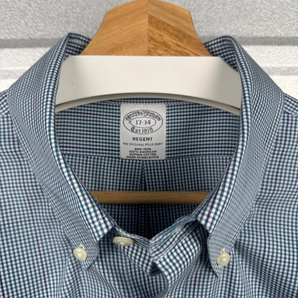 Brooks Brothers Regent Non-Iron Supima Cotton Blue Gingham Dress Shirt 17-34 - Picture 3 of 11